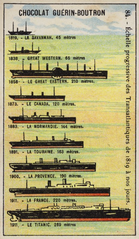 1819年から1911年までの大西洋航路船の大型化の推移（クロモリ写真 作： フランス語学校