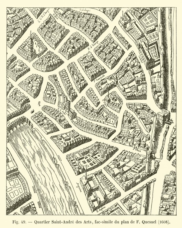 Quartier Saint-Andre des Arts、Fケスネルによる計画の複製、1608 作： フランス語学校