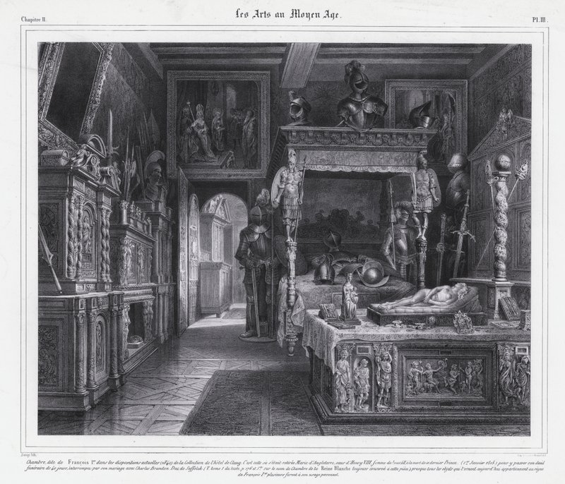 1515年、メアリー・テューダーが夫であるフランス王ルイ12世の死後、喪に服していたパリのホテル・ド・クリュニーの部屋（リトグラフ版 作： フランス語学校
