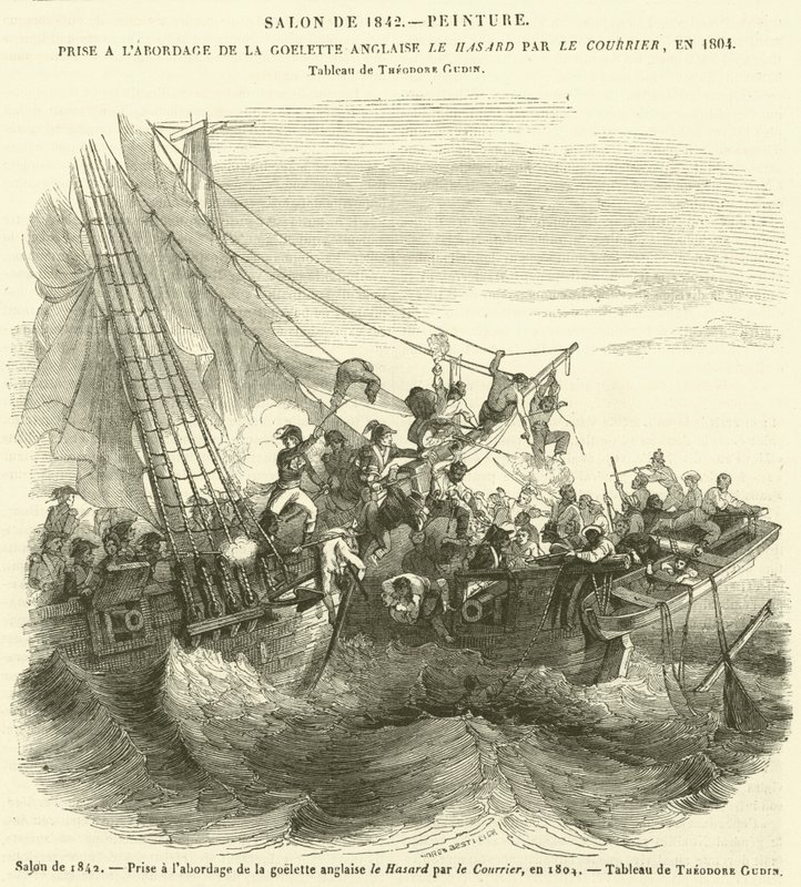 1842年のサロン、1804年にイギリスのスクーナー船ル・ハサール号に乗船したクーリエ号の様子（エングレービング 作： フランス語学校