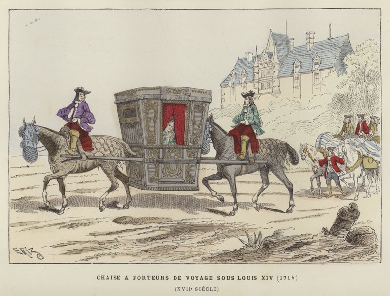 1715年フランスのルイ14世の治世、馬に乗せられたセダンの椅子 作： フランス語学校