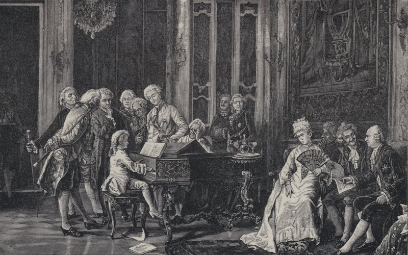 1764年にロンドンでキングジョージIIIの前で演奏する7歳のヴォルフガングアマデウスモーツァルト 作： フランス語学校