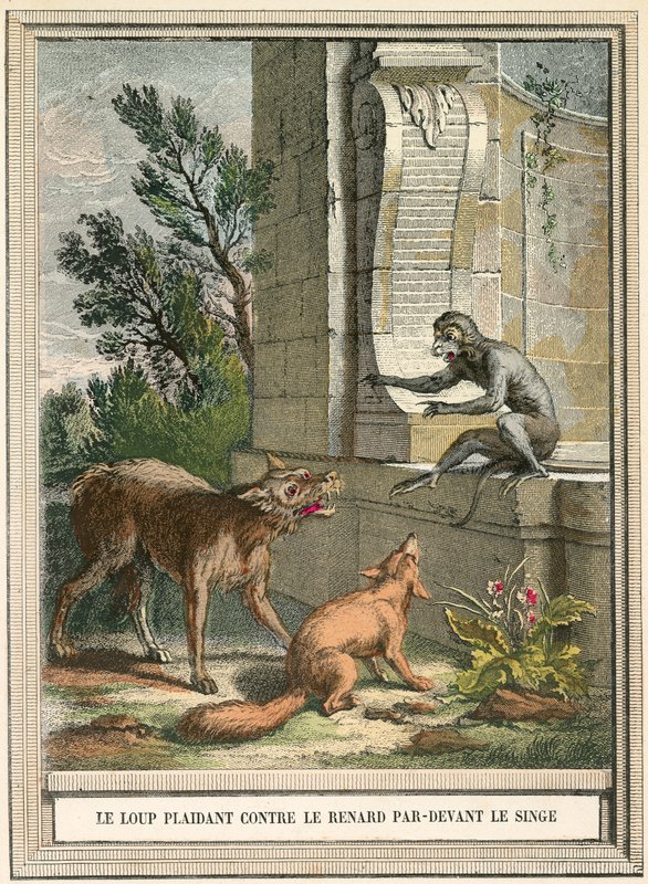 猿の前で狐に訴えかける狼 作： フランス語学校