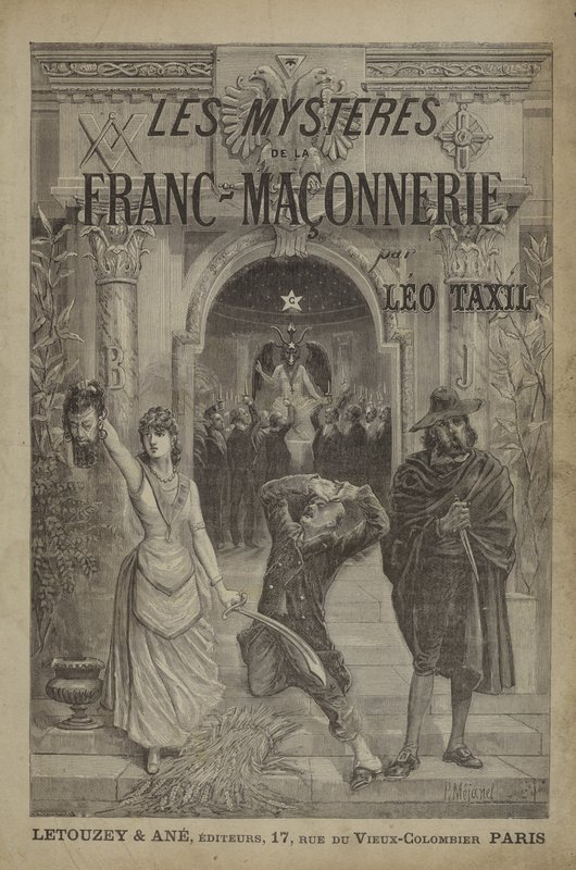 Les Mysteres de la Franc-Maçonnerie Devoiles』のタイトルページのイラスト（エングレーヴィング）。 作： フランス語学校