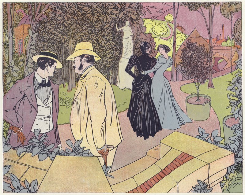 2人の女性が庭を歩くとき、2人の男性が会話に立つ 作： フランス語学校