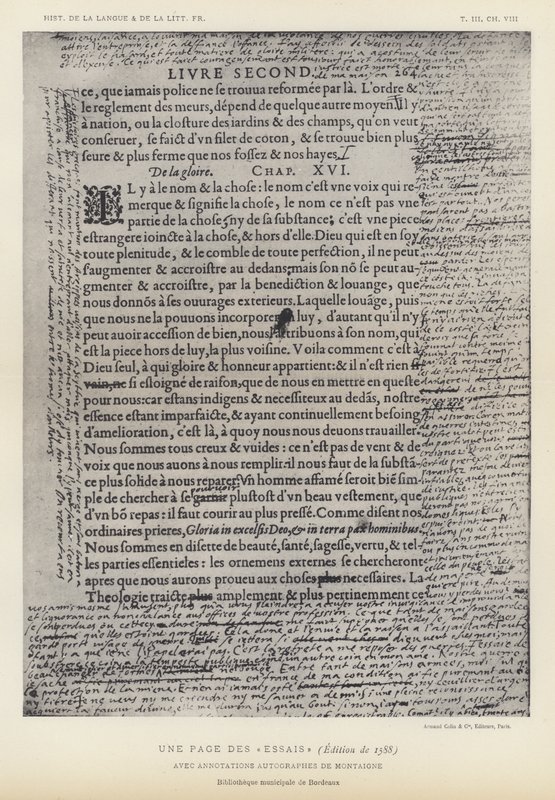 モンテーニュ自筆の注釈付き『エッセイ』（1588年版）の1ページ（リトグラフ版 作： フランス語学校