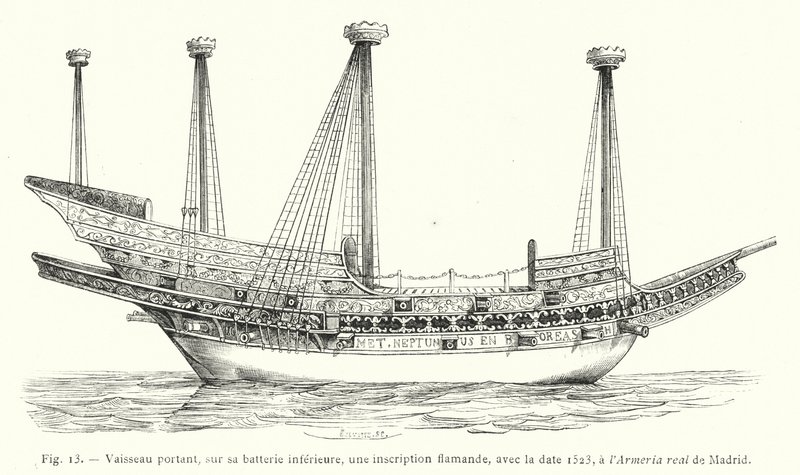 下部バッテリーにフランドル語で1523年の日付が刻まれた、マドリッドのアルメリア・レアルのための容器（エングレービング 作： フランス語学校