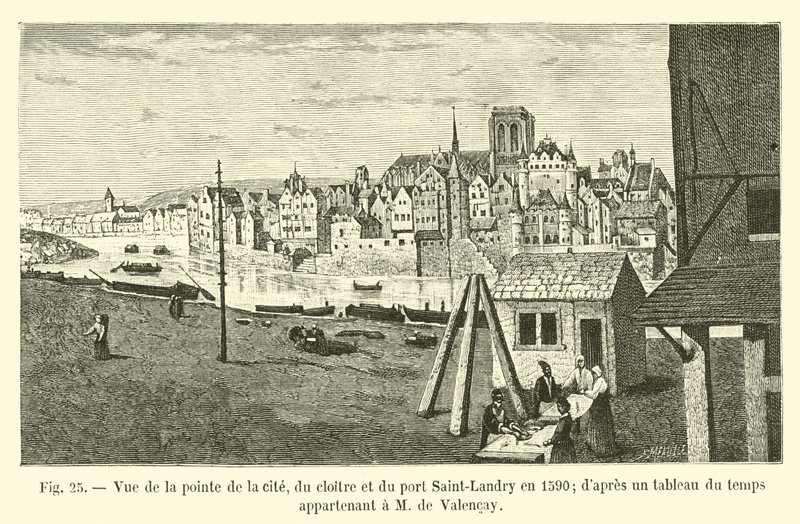 1590年の街の先端、回廊、サンランドリーの港の眺め。 M de Valencayに属するタイムテーブルによると 作： フランス語学校