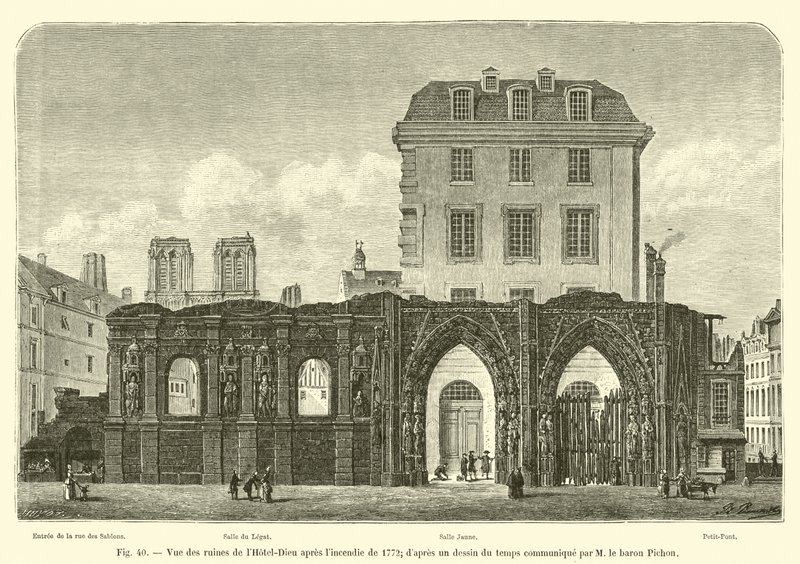 1772年の火災後のホテルデューの遺跡の眺め。 M男爵ピションによって伝えられた時間の図面によると 作： フランス語学校