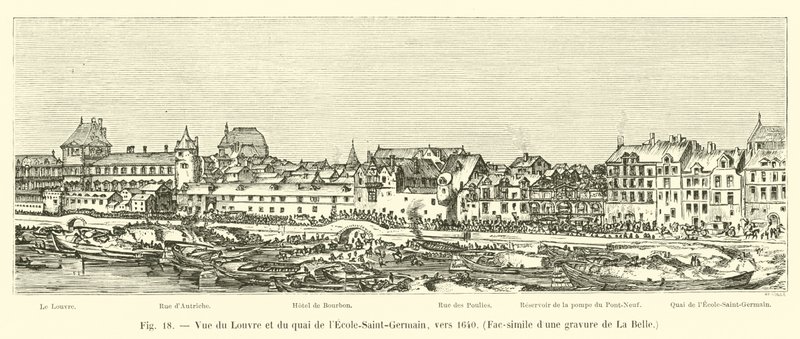 1640年頃のルーブル美術館とquai de l&39;Ecole-Saint-Germainの眺め、ラベルの彫刻の複製 作： フランス語学校