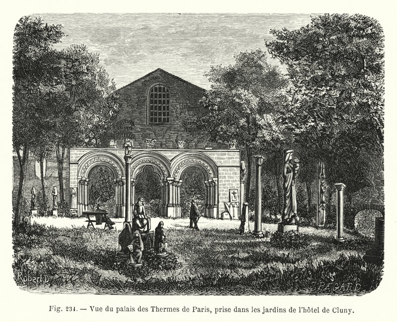 ホテル・ドゥ・クリュニーの庭園から見たパリのテルム宮の眺め（版画 作： フランス語学校