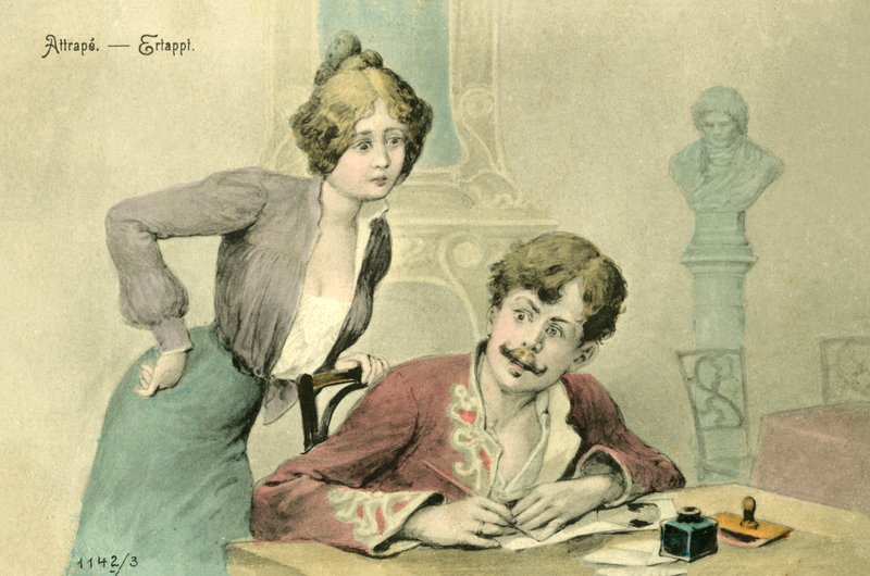 手紙を書く男を捕まえる女（カラーリトグラフ） 作： フランス語学校