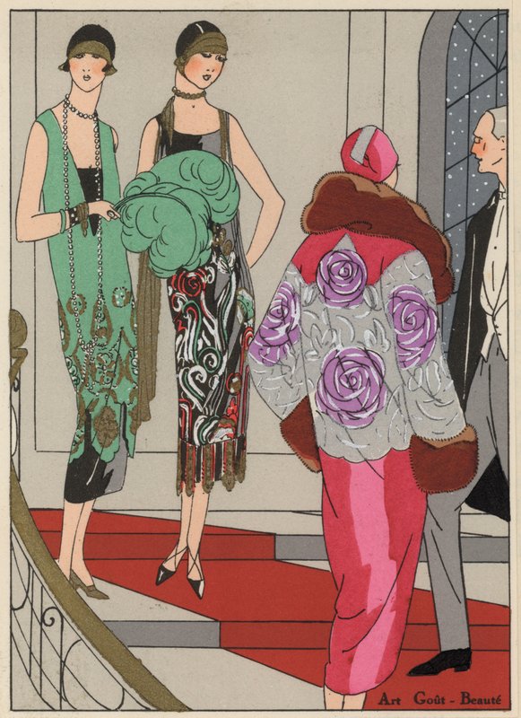 デザイナー、エドワード・モリニューとマルシャル＆アマンによる1920年代の女性イブニング・ファッション（カラーリトグラフ） 作： フランス語学校