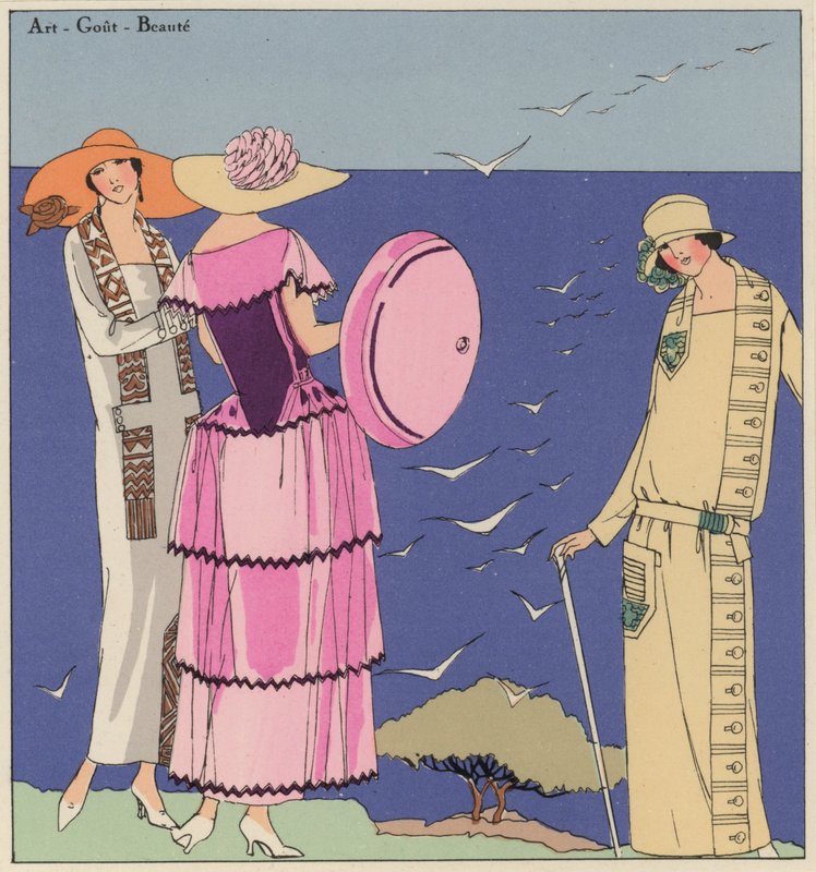 デザイナー、ポール・ポワレとジャック・ドゥーセによる1920年代の女性ファッション（カラーリトグラフ） 作： フランス語学校
