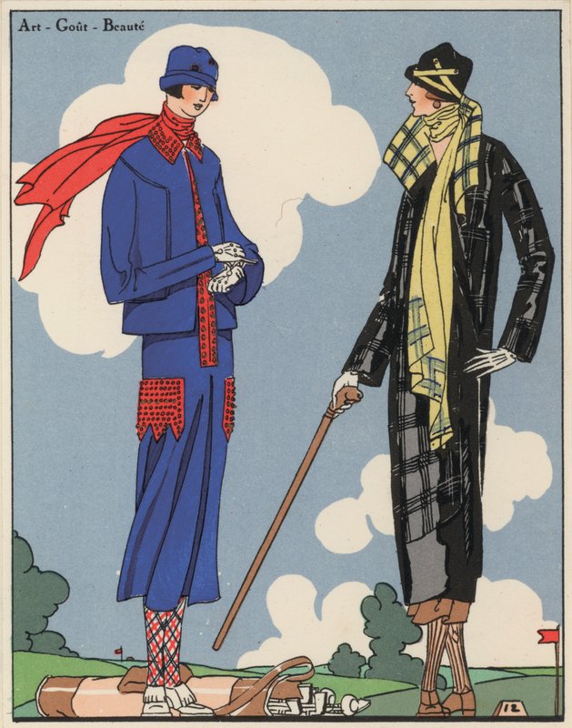 デザイナー、マルシャルとアルマン、クリストフ・ドレコルによる1920年代の女性ゴルフウェア・ファッション。(カラーリトグラフ） 作： フランス語学校