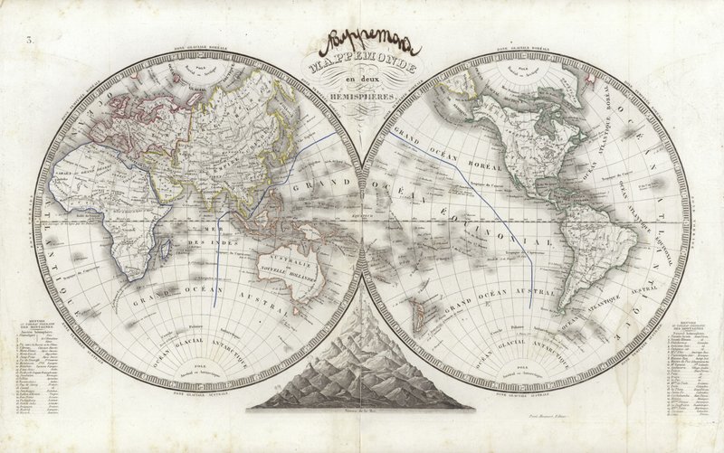 2つの半球の世界地図（カラー彫刻） 作： フランス語学校