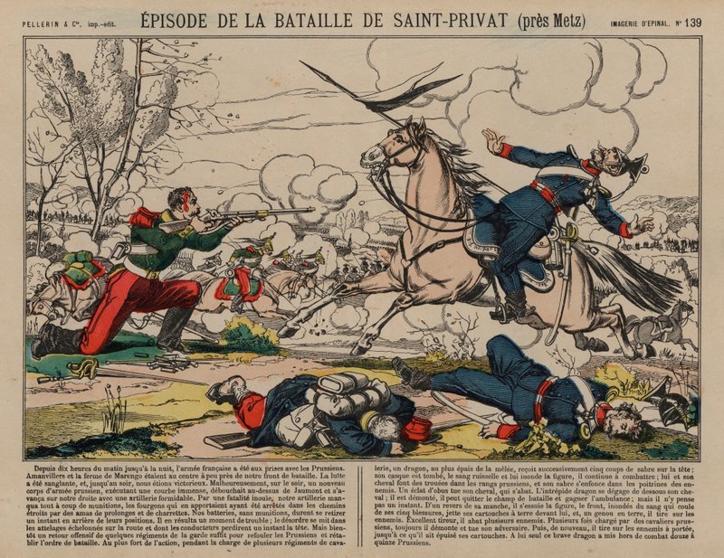 サン＝プリヴァの戦いでプロイセンの槍兵を撃つ負傷したフランスのドラグーン（普仏戦争 作： フランス語学校