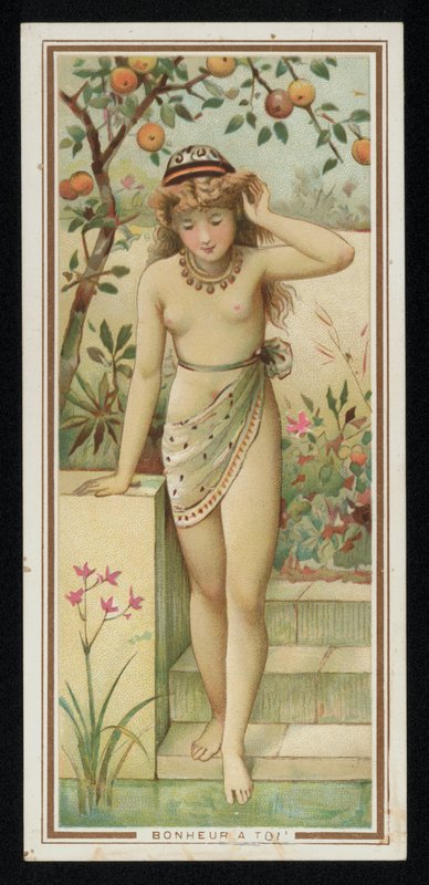 庭にいる若い女性、グリーティングカード。(chromolitho) 作： フランス語学校