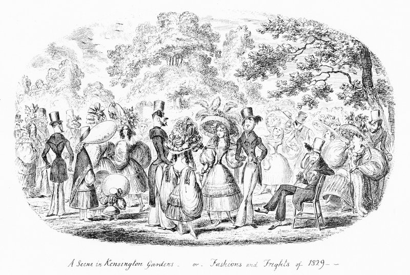 ケンジントンガーデンの一場面、または1829年のファッションと恐怖（エングレービング 作： ジョージ・クルクシャンク