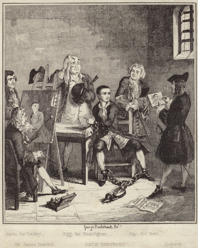 刑務所でジェームズソーンヒル卿によって描かれた彼の肖像画を持っているジャックシェパード 作： ジョージ・クルクシャンク
