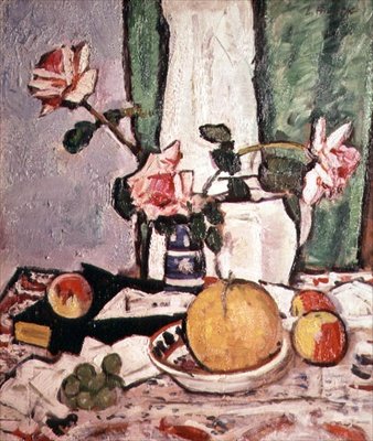 薔薇とグレープフルーツの静物画（油彩・キャンバス）