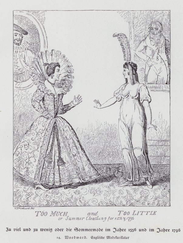 1556年と1796年の夏服、多すぎて少なすぎる（リトグラフ 作： ジョージ・ムタール（後）ウッドワード