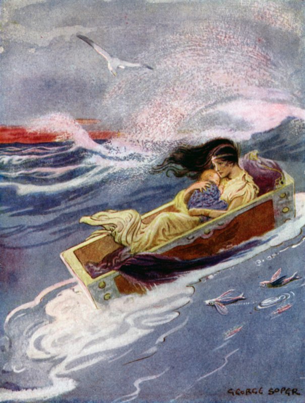 ペルセウス"And away and out to sea floated the mother and her baby" (カラーリトグラフ) 作： ジョージ・ソーパー