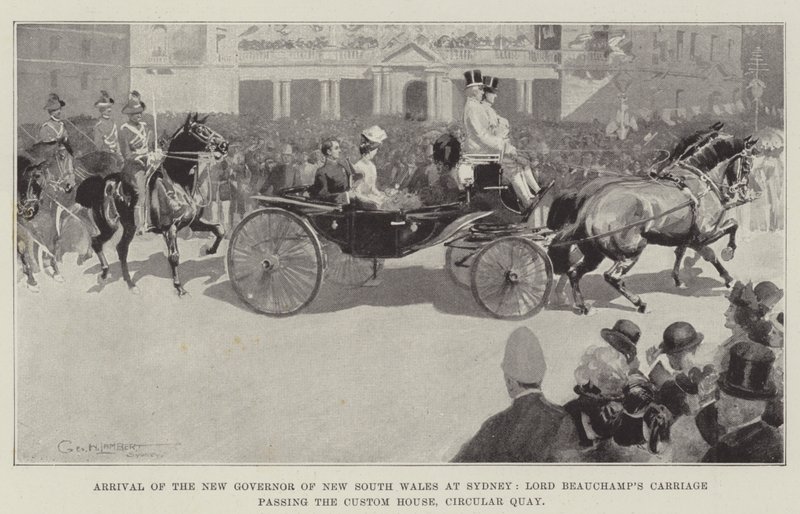 シドニーにニューサウスウェールズ州の新知事が到着し、ボーチャンプ卿の馬車が税関、サーキュラーキーを通過 作： ジョージワシントンランバート