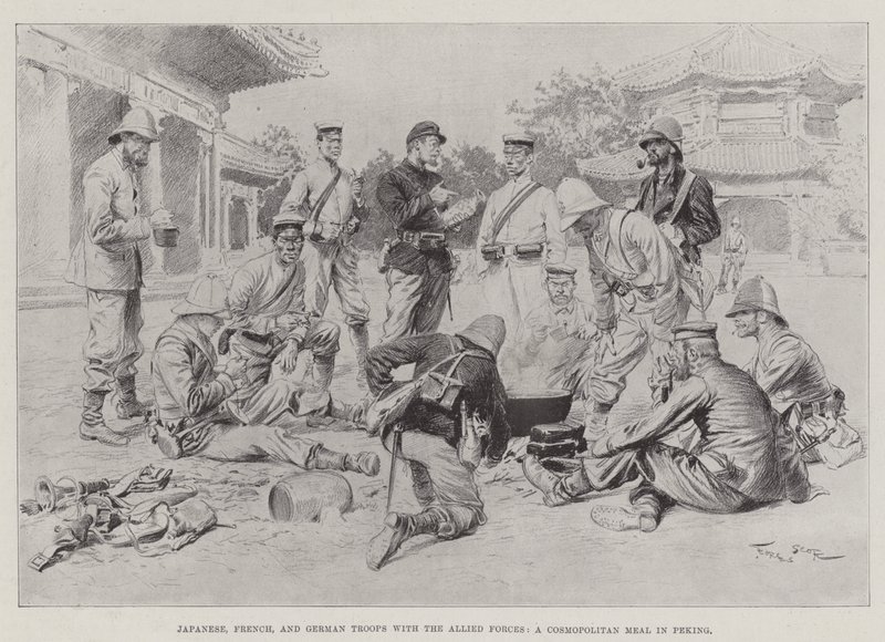 北京で国際色豊かな食事である連合軍との日本、フランス、ドイツ軍 作： ジョルジュ・バーティン・スコット