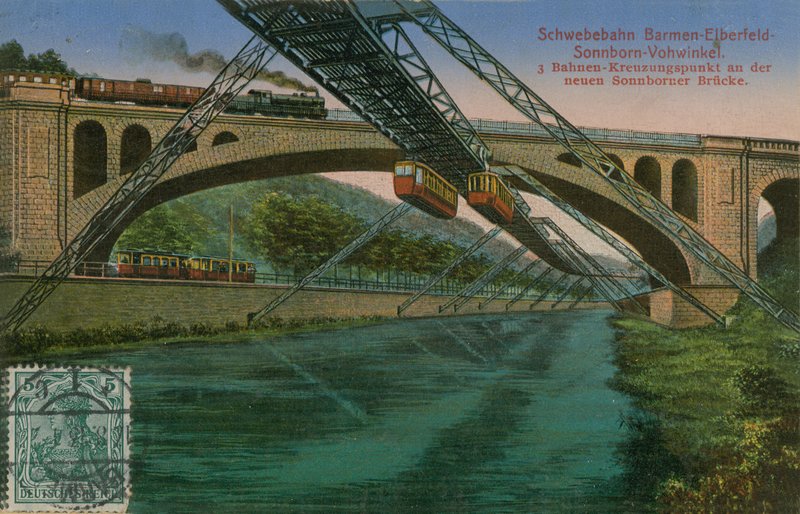 ドイツ、バーメン・エルバーフェルト・ゾンボルン・フォウィンケル吊り橋鉄道と新しいゾンボルン橋。1913年に送られた絵葉書。 作： ドイツの写真家