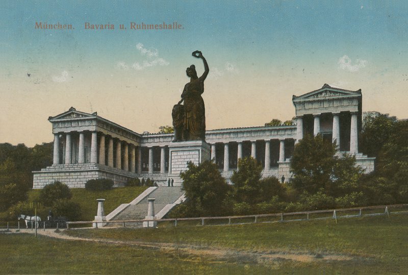 バイエルン像とミュンヘンのルールメスハレ。1913年に送られた絵葉書。 作： ドイツの写真家