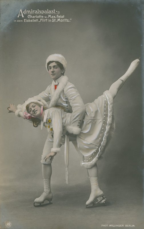 1913年に送られたアイススケート選手の絵葉書（手彩色写真） 作： ドイツの写真家