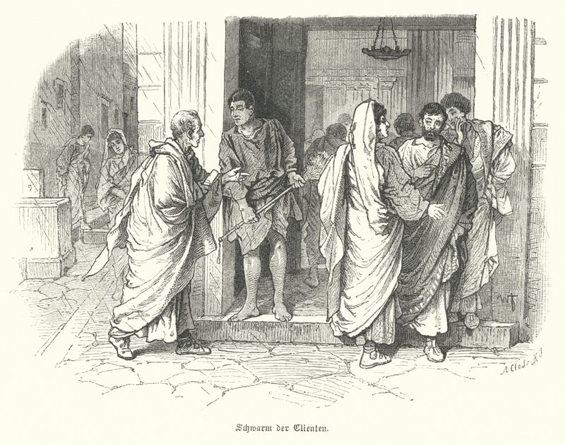 古代ローマのビジネスの外にいる顧客の群れ（エングレービング 作： ドイツ語学校