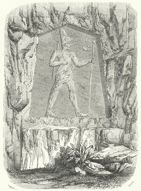 ファラオ「セソストリス」または「ラメセス2世」を描いたとされる古代エジプトのレリーフ（彫刻 作： ドイツ語学校
