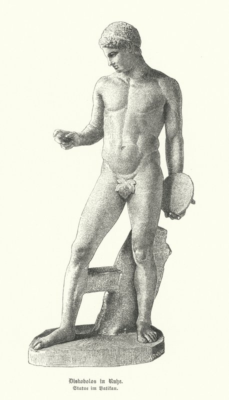 古代ギリシャの休息中の円盤投擲者の像（彫刻 作： ドイツ語学校