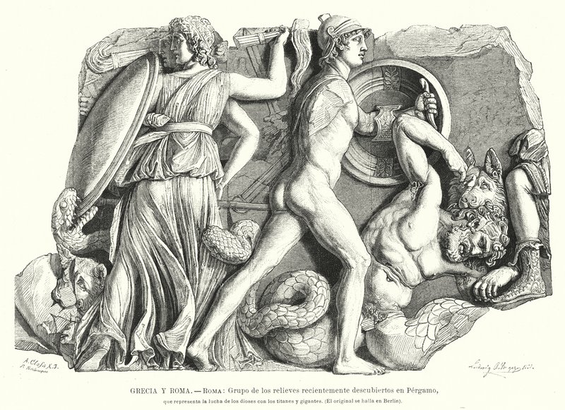 神々とタイタン、巨人との戦い 古代ギリシャのペルガモンのレリーフ（リトグラフ 作： ドイツ語学校