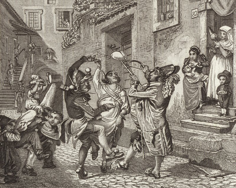 イタリア・ローマのカーニバル。ビルダーアトラスのためのイラスト(エングレービング) 作： ドイツ語学校