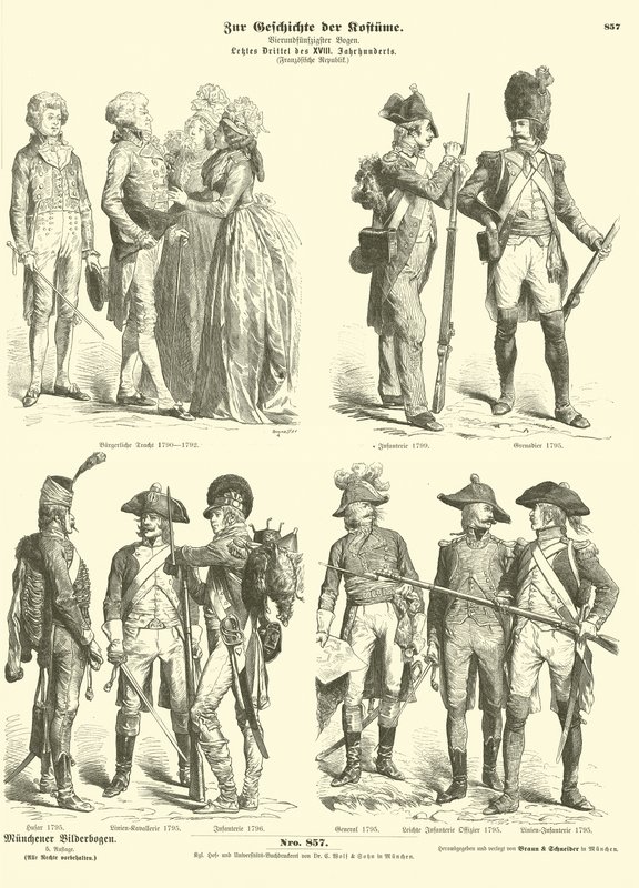 フランス共和党の衣装と軍服、1790年代 作： ドイツ語学校
