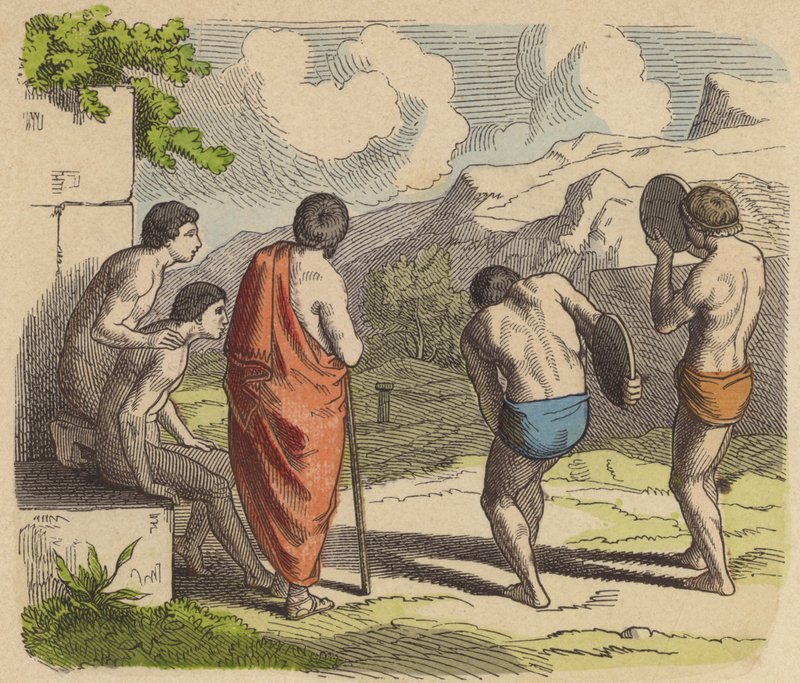 古代ギリシャの円盤投げ（彩色済み彫刻 作： ドイツ語学校