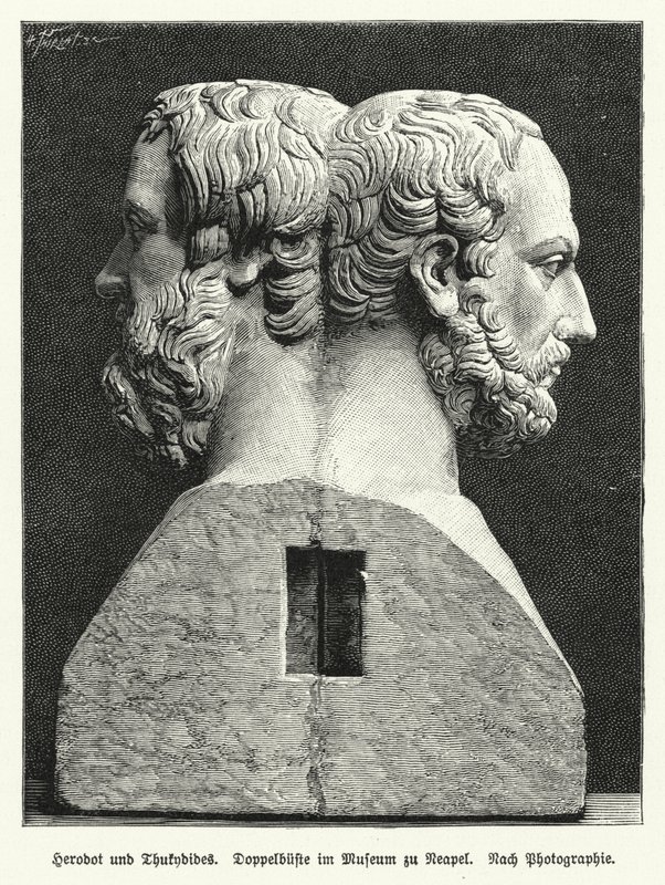 古代ギリシャの歴史家、ヘロドトスとトゥキュディデスの二重胸像（リトグラフ 作： ドイツ語学校