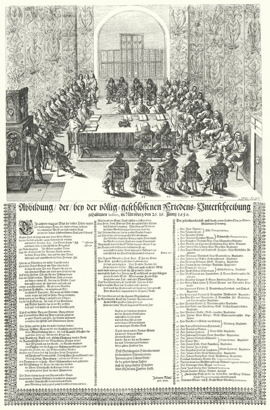 三十年戦争後の1650年にニュルンベルクで開催されたヨーロッパ平和会議の様子（版画 作： ドイツ語学校