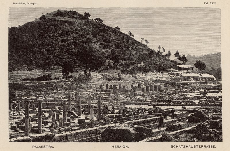 ギリシャ、古代オリンピア遺跡の発掘調査：パラエストラ、ヘラ神殿、宝物庫(彫刻) 作： ドイツ語学校