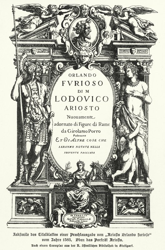 イタリアの詩人Ludovico Ariostoの叙事詩『Orlando Furioso』の1583年版タイトルページのファクシミリ（リトグラフ）。 作： ドイツ語学校