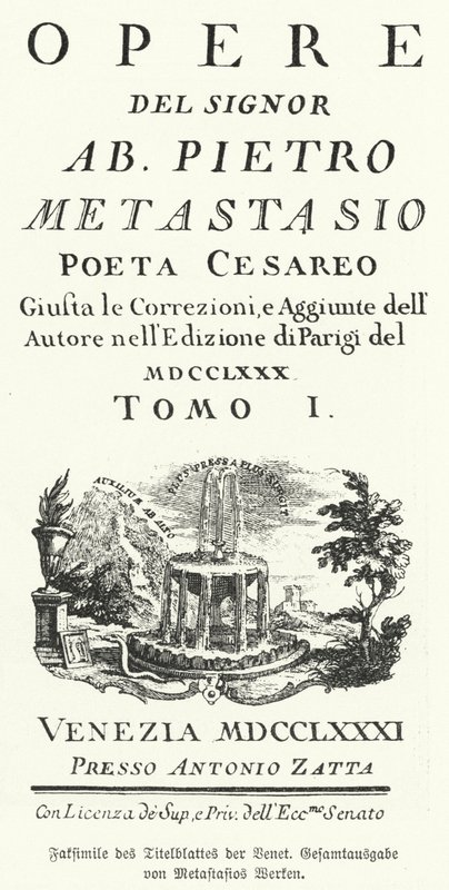 イタリアの詩人・作詞家ピエトロ・メタスタシオの作品集のヴェネチア版タイトルページのファクシミリ（リトグラフ版 作： ドイツ語学校