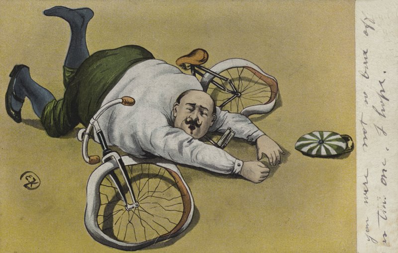 自転車から転落した太った男（カラーリトグラフ 作： ドイツ語学校