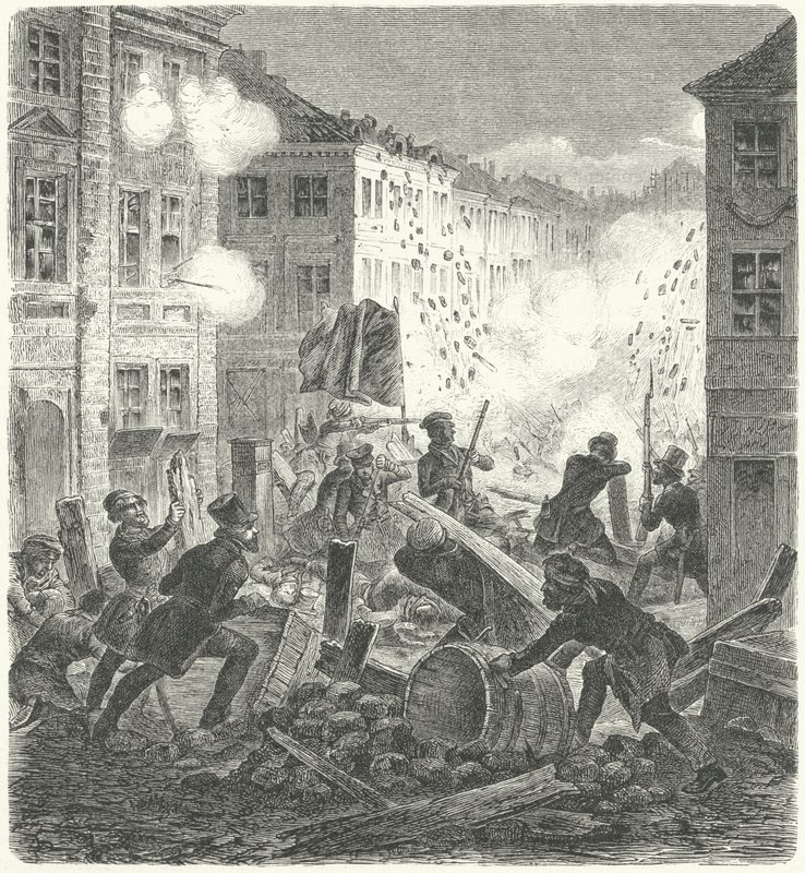 コルン市庁舎前のバリケードでの戦闘（ベルリン、1848年革命）（エングレーヴィング 作： ドイツ語学校