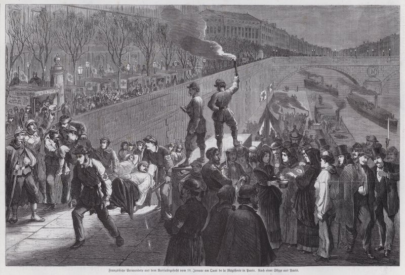 メジスリー河畔に到着したパリ包囲戦の最後の失敗で負傷したフランス兵たち（仏・プロイセン戦争、1871年1月）（エングレーヴィング 作： ドイツ語学校