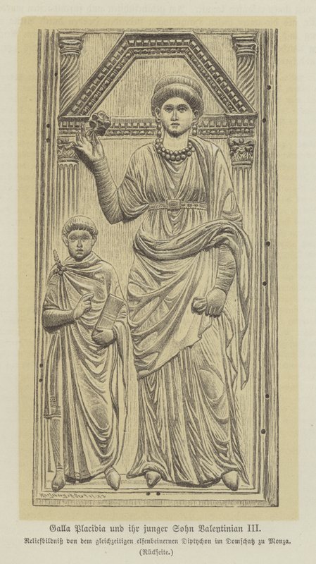 ローマ皇帝テオディシウス1世の娘ガラ・プラシディアとその息子ヴァレンティニアヌス3世（彫刻作品 作： ドイツ語学校