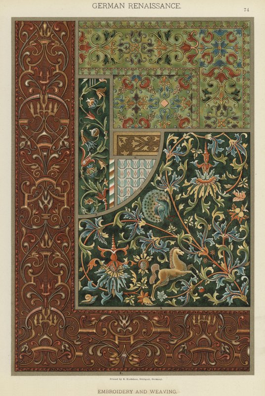ドイツ・ルネッサンス、刺繍と織物（カラーリトグラフ 作： ドイツ語学校