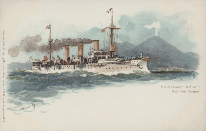 イタリア・ナポリ湾に浮かぶドイツの巡洋艦ゲフィオン（クロモリト 作： ドイツ語学校